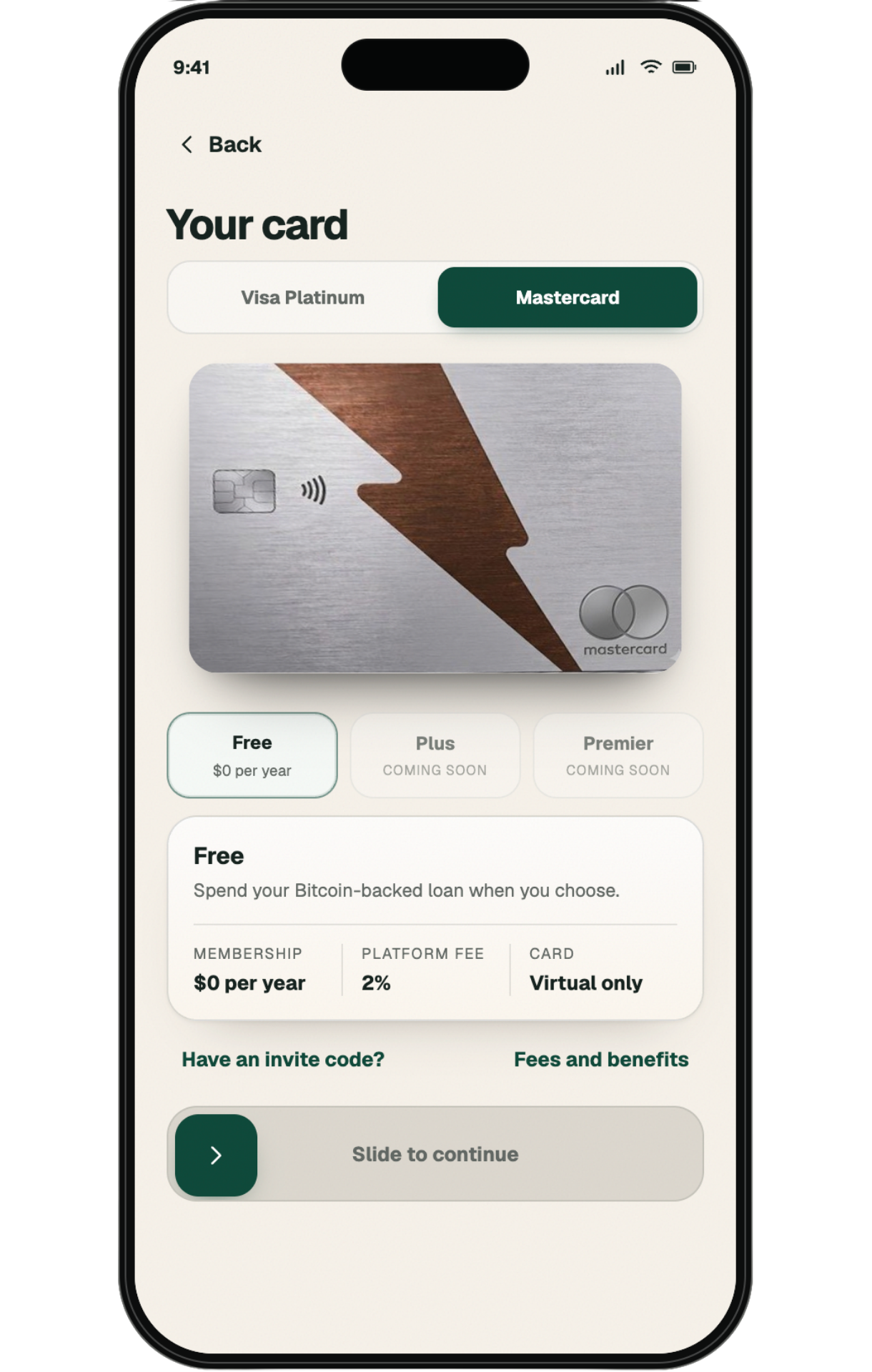 White BCS app showing card selection, Visa Platinum and Mastercard options, and membership plans