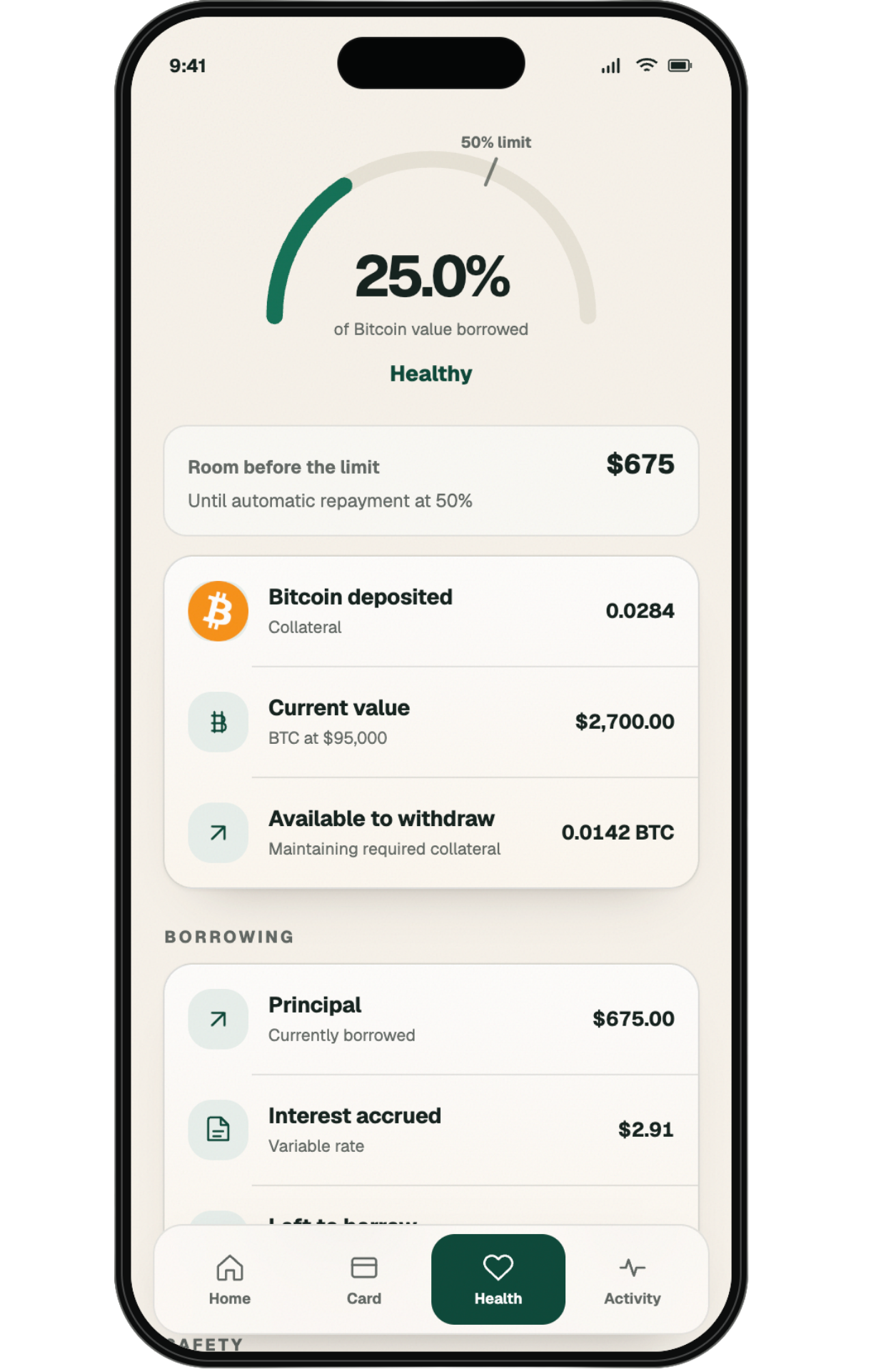 White BCS account health screen showing the collateral ratio, principal, and accrued interest