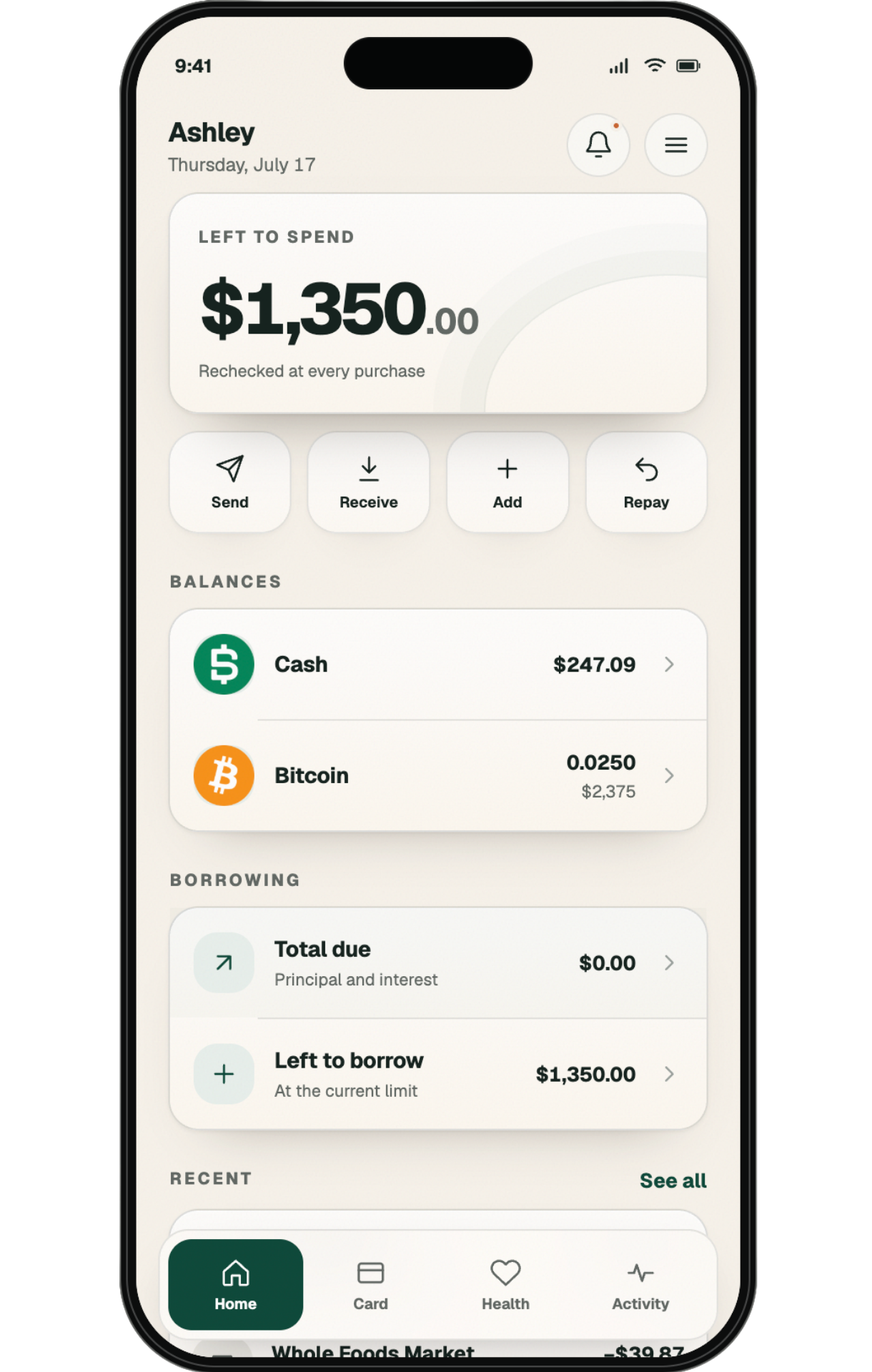 White BCS app showing spending available, cash and Bitcoin balances, and borrowing activity