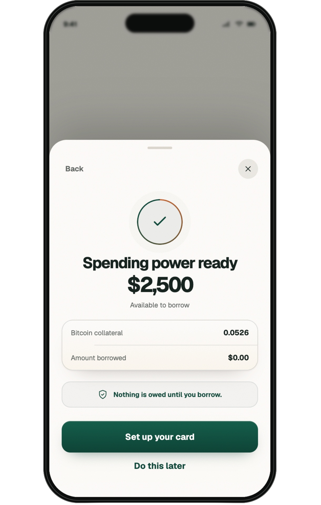 White BCS app showing spending power ready, Bitcoin collateral, and no amount borrowed