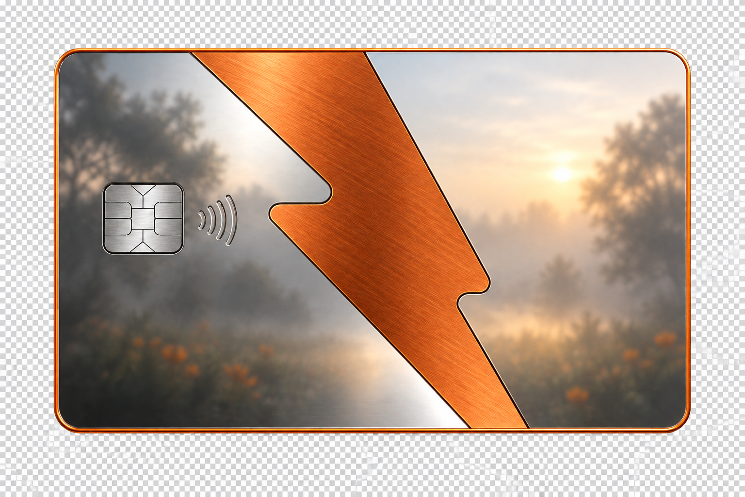 Reflective BCS card with a brushed copper lightning inlay and satin metal chip